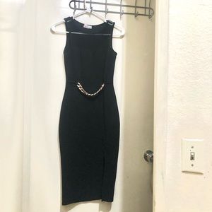 Black bodycon midi dress with chain detailing